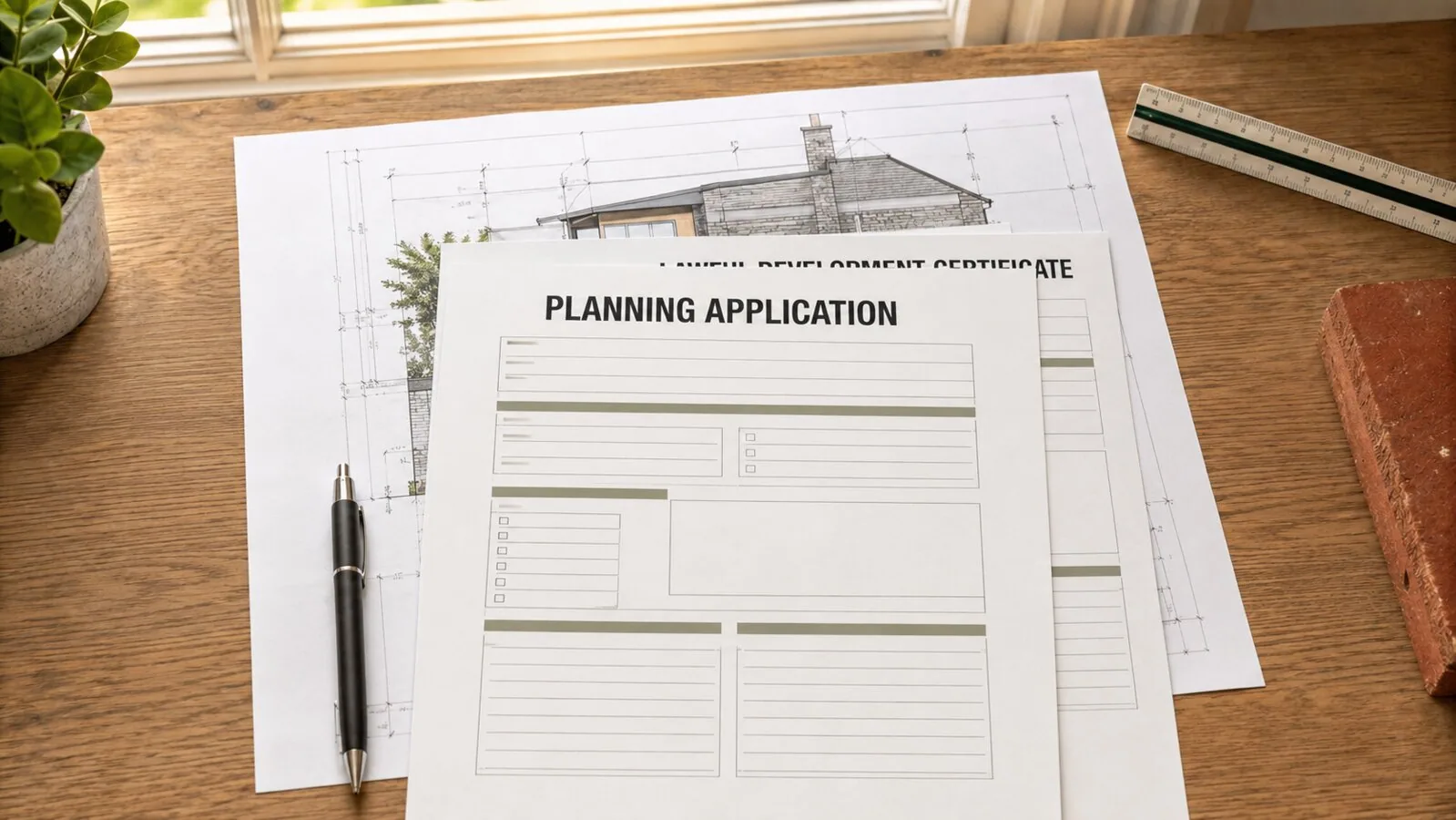 Planning application and Lawful Development Certificate displayed over house extension drawings